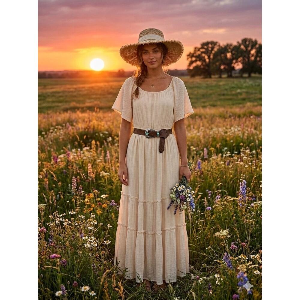 LUSH Cream Gauze Tiered Boho Lined Maxi Dress L Cottagecore Peasant Summer Beach